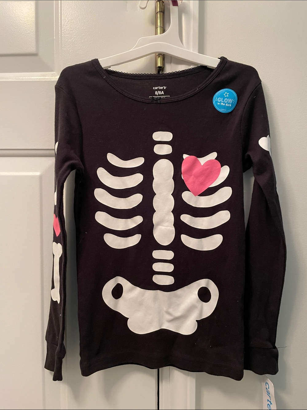 Carter's Black Long-Sleeve Tee with White Bone and Pink Heart Sleeve Graphics
